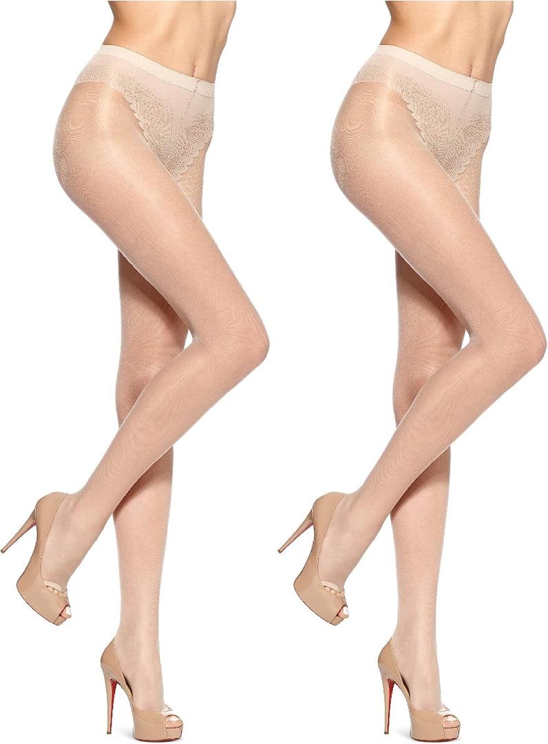 HUE Women's Pack of 2 Sheer Tights Assorted Womens Tights Including Control Top, Fishnet, Lace, Toeless Pantyhose (Natural)