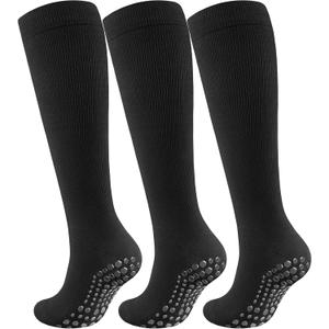 Cotton Compression Socks Women&Men with Grips Non Slip 15-20mmHg Knee High Graduated Sock for Nurse, Pregnancy, Yoga (Large-X-Large, 03-3 Pairs-black)