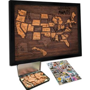 Flinelife USA Landmarks Travel Map, 13x11, Wooden USA Map Puzzle, Perfect For Couples and Families Gift