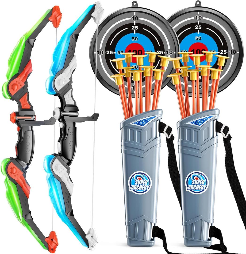 TEMI Bow and Arrow Set for Kids - Archery Toy Set - LED Light Up with Suction Cup Arrows, Target & Quiver, Indoor and Outdoor Toys for Children Boys Girls (Green With Blue)