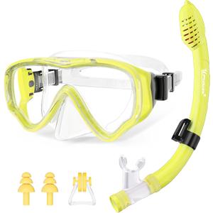 U PHITNIS Kids Snorkel Set for Age 4-14 - Dry Top Snorkeling Gear for Kids Junior & Youth - Childs Diving Mask with Big Eyes for Boys Girls - Anti-Fog Snorkeling Mask and Snorkel Set (Yellow)