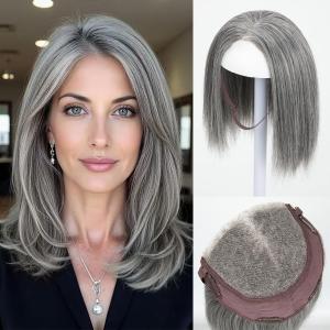 Lace Front Hair Toppers with Band for Women 5.5x4 Pre-cut Closed Lace Hairline Synthetic Straight Hair Wear and Go Glueless Toppers for Beginners Dark Grey