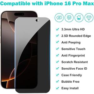 PEHAEL 2Pack for iPhone 16 Pro Max Privacy Screen Protector with Camera Lens Protector Full Coverage Anti-Spy Tempered Glass Film 9H Hardness Easy Installation Bubble Free [6.9 inch]