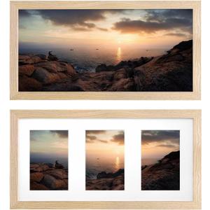 KINLINK 8x16 Collage Picture Frames Natural Wood 3 Opening frames with Acrylic Plexiglass for Multiple Three 4x6 Photos with Mat or 8x16 without Mat, Tabletop and Wall Mounting Display, Set of 2