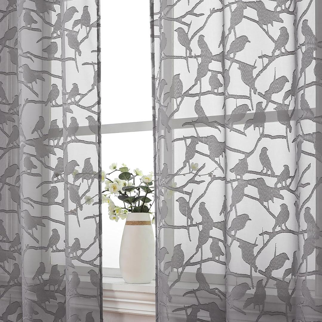OVZME Grey Small Sheer Curtains 45 Inch Length 2 Panels Set, Light Filtering Soft Airy Cafe Curtains Rod Pocket Design, Leaf Bird Jacquard Farmhouse Window Drapes for Kitchen, 2x38Wx45L