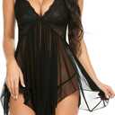 Avidlove Women Lingerie Lace Babydoll V Neck Sexy Sleepwear Strap Chemise (Black, L)
