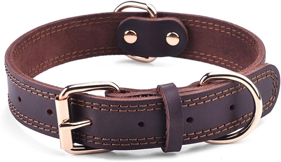 Genuine Leather Dog Collar, Heavy Duty Wide Dog Collar for  Large Dog (L: 1.2" Wide for 17"-23" Neck, Dual Stitch - Brown)