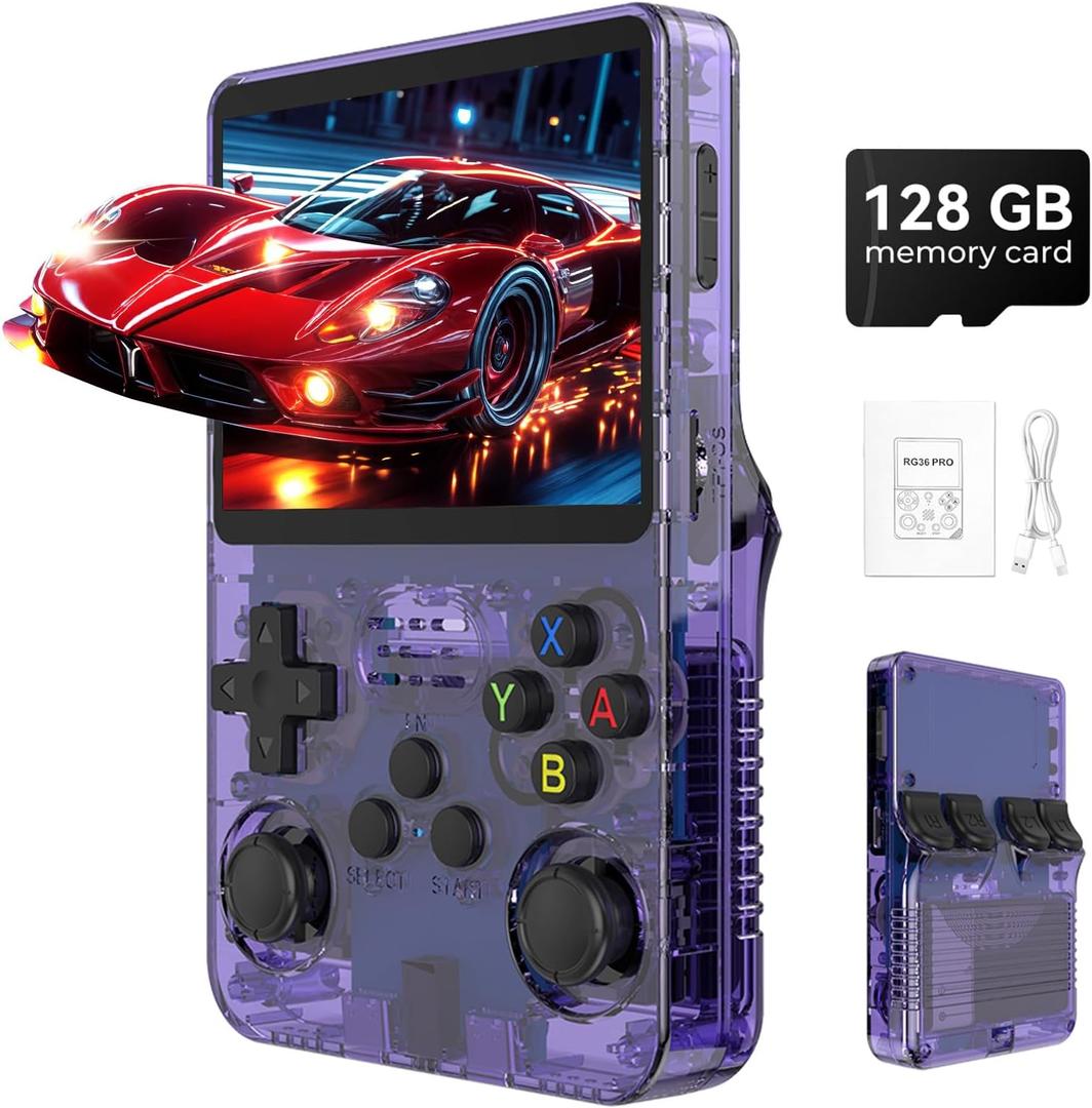 R36s Pro Retro Handheld Game Console, 3.5in IPS , 128GB Preloaded with 40000+Classic Games, Portable Game Console,30 +Game Emulator, Linux System,3500mah Rechargeable Battery (128G Purple)
