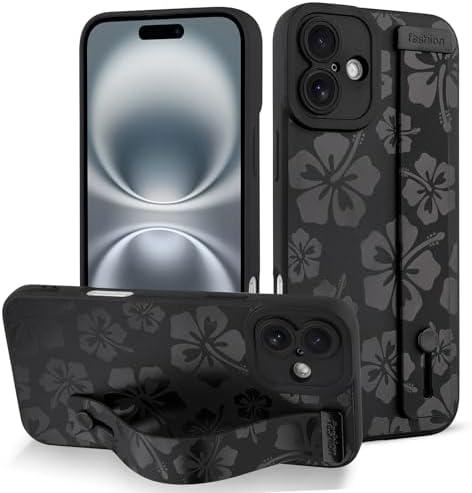 Fiyart Designed for iPhone 16 Plus Case Cute Flowers with Strap Soft TPU Phone Cover Plustective Camera Lens Plustection for Women Men Floral Bumper with Stand 6.7"-Black