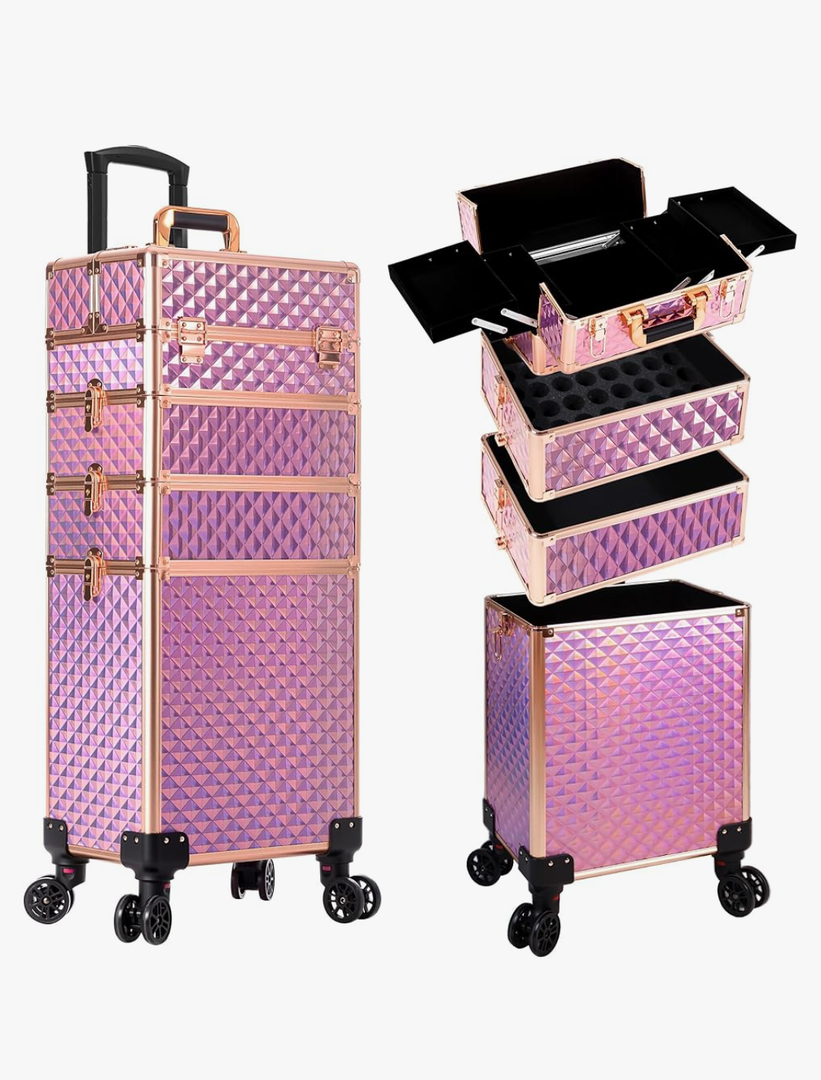 AROUS Rolling Makeup Train Case Large Storage Cosmetic Trolley 4 in 1 Large Capacity Trolley Makeup Travel Case with Key Swivel Wheels Salon Barber Case Traveling Cart Trunk, Pink