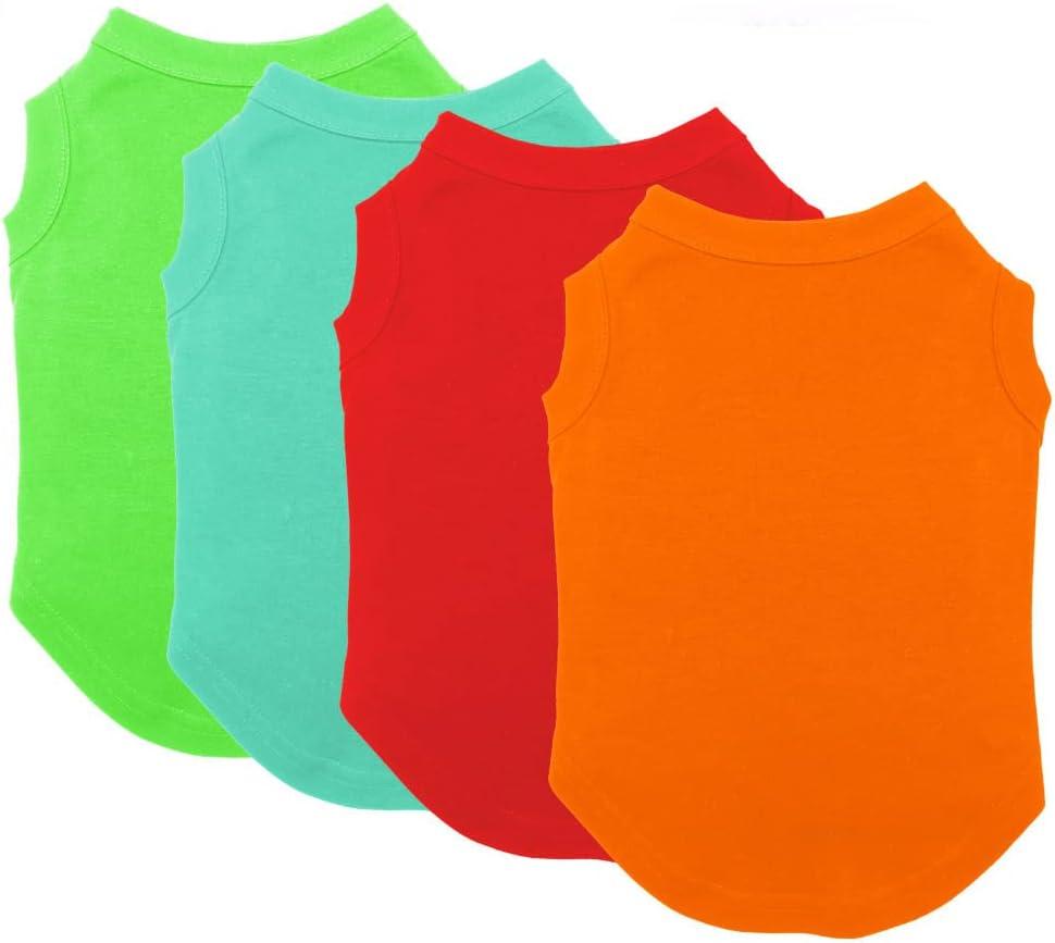 Chol&Vivi Plain Dog Shirt, 4pcs Blank Cotton Shirts Fit for Extra Small to Extra Large Size Dogs, Sleeveless Apparel Soft and Lightweight, Tank Top for All Breeds, Light Blue/Green/Red/Orange, Large (L (19" Chest))