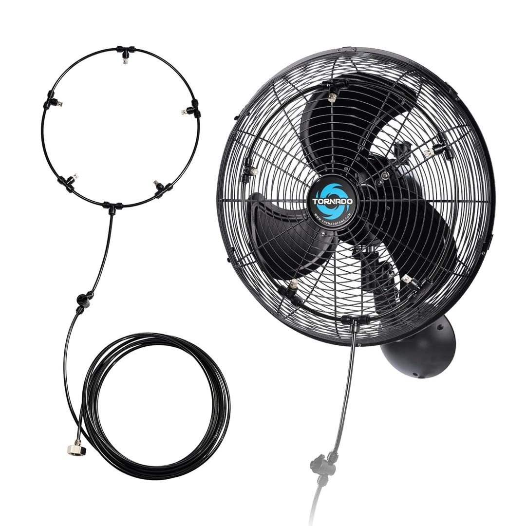 Tornado 24 Inch High Velocity Oscillating Wall Mount Fan with Pre-Installed Misting Kit – IPX4 Water-Resistant, TEAO Motor, 2-Speed 7600 CFM, for Outdoor Use, 8 Brass Nozzles Misting