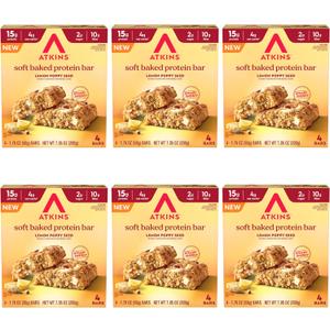 Atkins Soft Baked Protein Bars, Lemon Poppyseed, 15g Protein, 2g Sugar, Excellent Source of Fiber, Low Carb, 6 Packs (4 Bars Each) (BBD: 08/23/26)