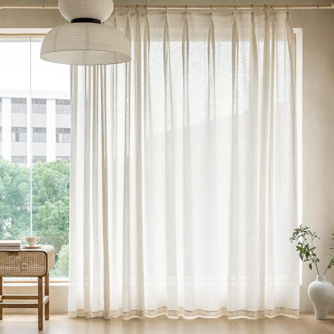MAIHER Extra Wide Curtains Pinch Pleated, Light Filtering Faux Linen Texture Semi Sheer Curtains 96 inch Length for Living Room Pinch Pleat Drapes with Hooks (1 Panel, 100 W x 96 L)