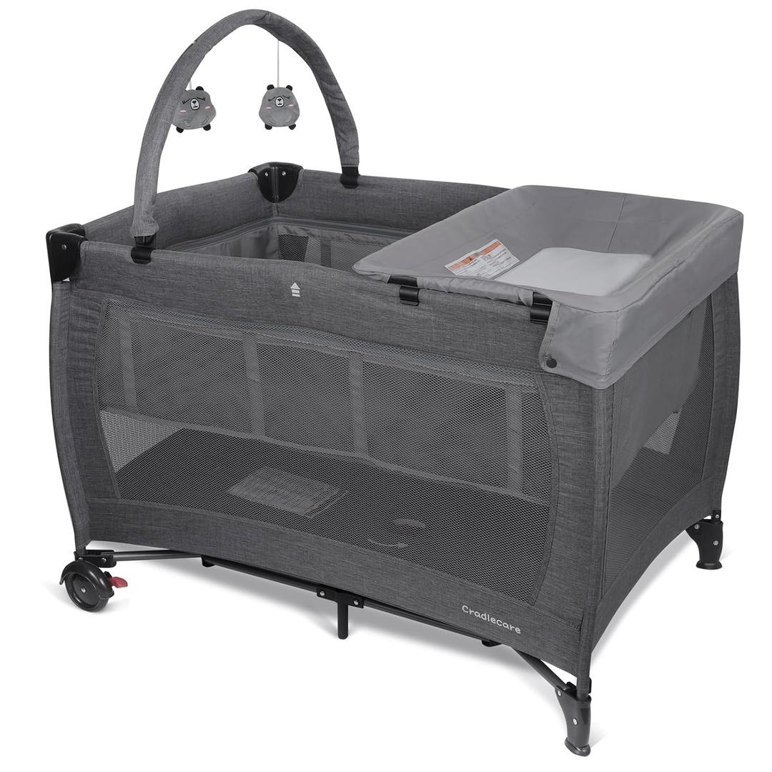 3 in 1 Pack and Play, Baby Bassinet, Changing Table - Portable Baby Playpen for Babies and Toddlers, Foldable Playard with Locking Wheels & Storage Diaper Basket (Grey)