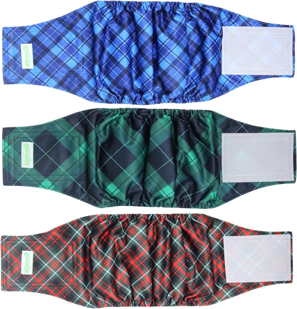 wegreeco Washable Male Dog Belly Band (Stylish Pattern)- Pack of 3 - Washable Male Dog Belly Wrap, Dog Diapers Male (Blue, Green, Red Plaid, L)