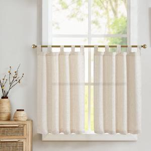 jinchan Tab Top Kitchen Curtains 36 Inch Linen Textured Cafe Tier Curtains for Bathroom Laundry Room RV Half Window Farmhouse Light Filtering Drapes for Small Windows 2 Panels Beige