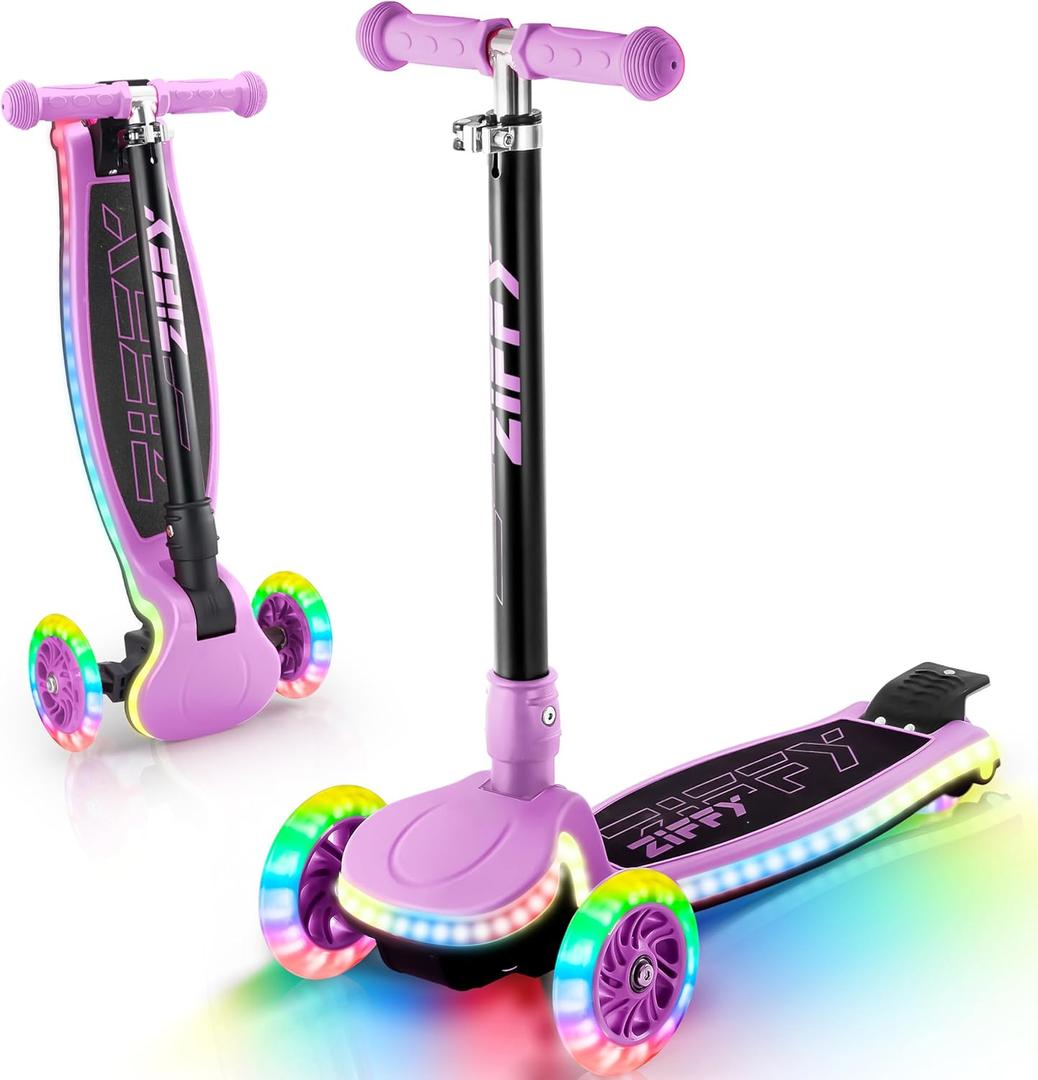 ZIFFY 3-Wheel Light-Up Kids Scooter, Kids Balance Scooter for Boys Girls with 20 Dynamic LED Lights, 4 Adjustable Height, Lean-to-Steer Design with Anti-Slip Wide Deck for Stability - Up to 110LBS (Purple)