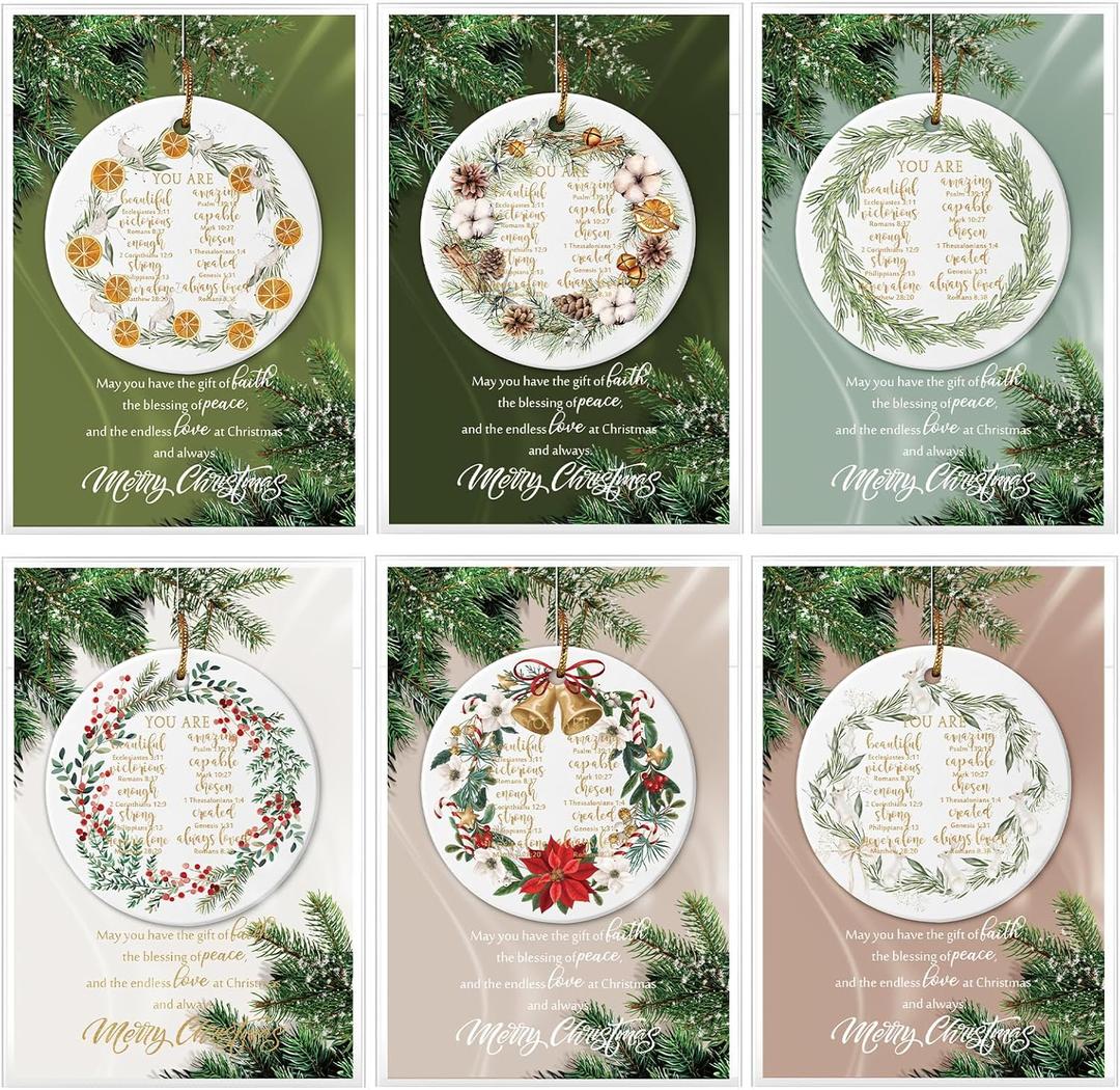 6 Set Christmas Christian Ornaments Religious Gift Bulk Bibles Verse Ornament Scripture Hanging Ceramic Inspirational Round Wreath Sign with Card for Church Family Sunday Xmas Tree (Stylish)