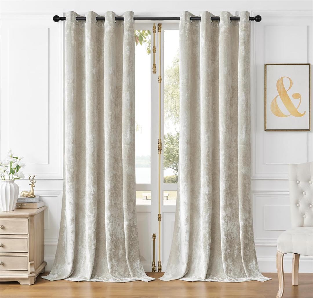 SMILETIME Ivory White Crushed Velvet Curtains 52x84in Luxurious Insulated Velvet Drapes for Bedroom Thicker Velvet Pinch Pleat Curtains Light-Filtering Velvet Window Curtains, 2 Panels