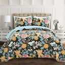 Lush Decor Sydney Reversible Cotton Quilt Set, 3 Piece Set, King, Black & Blue - Cotton Bedding Set - Black Floral Quilt - Cottage Decor - Bedding King Size