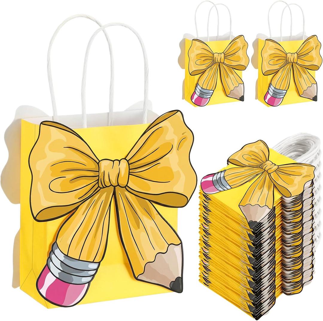 Glenmal 24 Pcs Mini Back to School Gift Bags First Day of School Paper Treat Bag with Handle Pencil Bow Style Goodie Bags for End of The Year Gifts Graduation Retirement Wrapping Supplies