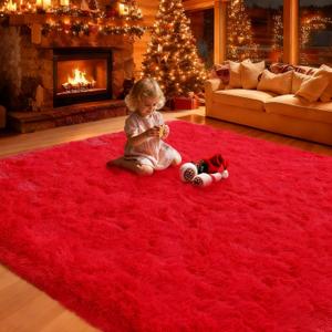 Mtandyx 8x10 Area Rugs Living Room, Large Plush Fluffy Bedroom Carpet, Non-Slip Upgraded Indoor Thick Soft Rug, Modern Plush Carpet Suitable for Kids Home Decor Aesthetics Dorm, Red.