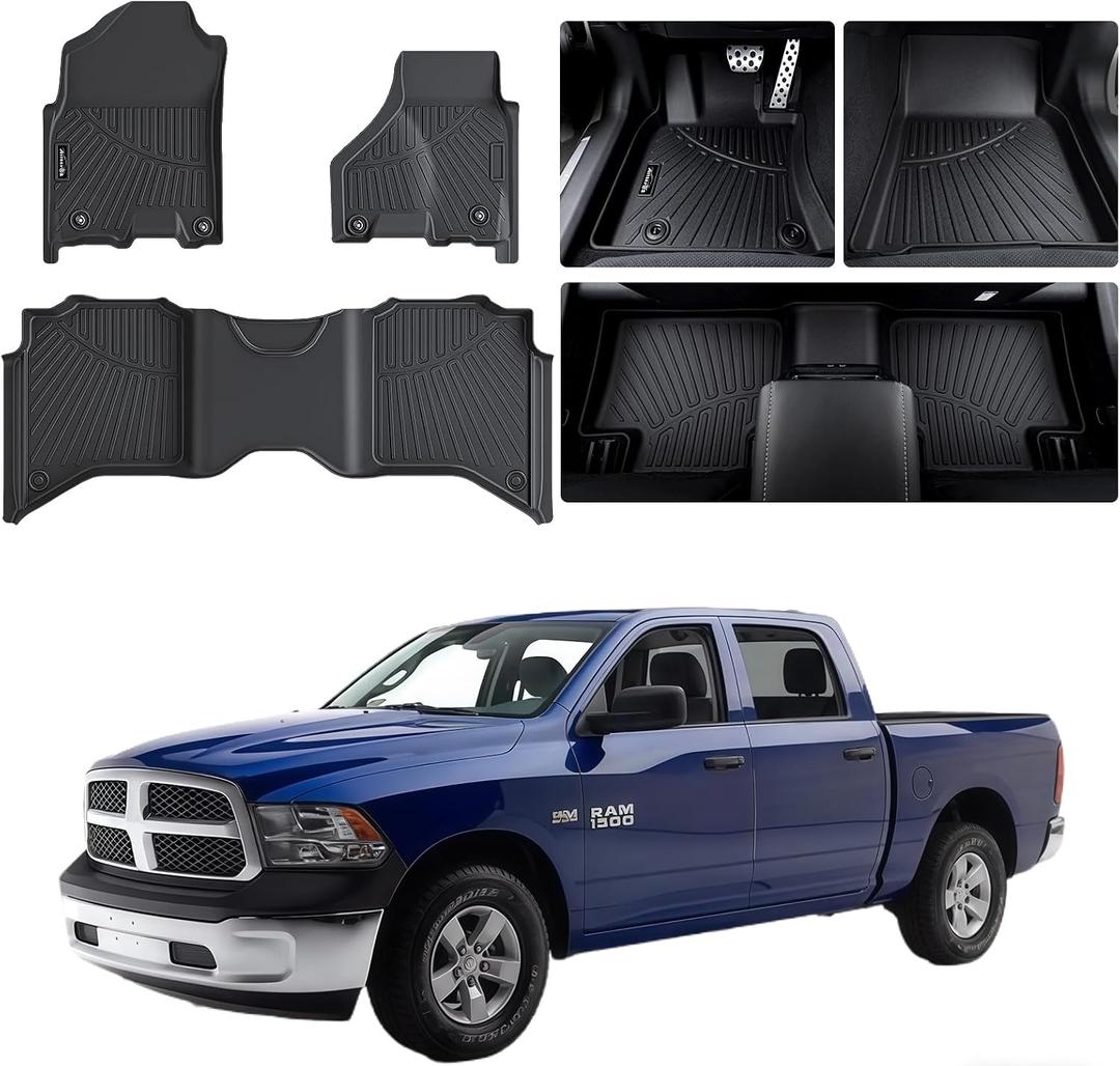 Floor Mats for 2012-2018 Dodge Ram 1500/2500/3500 Crew Cab, 2019-2024 for Dodge Ram 1500 Classic Crew Cab, 1st & 2nd Row TPE All Weather Floor Liners for Dodge Accessories