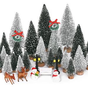 Waipfaru Christmas Village Accessories, 30 Pcs Christmas Village Display Platforms with Snowman, Mini Bottle Brush Christmas Trees, Miniature Small Pine Trees for Xmas Table Winter Decor (Green)