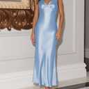 Womens Elegant Satin V Neck Backless Sleeveless Maxi Dress Silk Tie Low Back Formal Cocktail Dresses Wedding Guest (Blue, M)