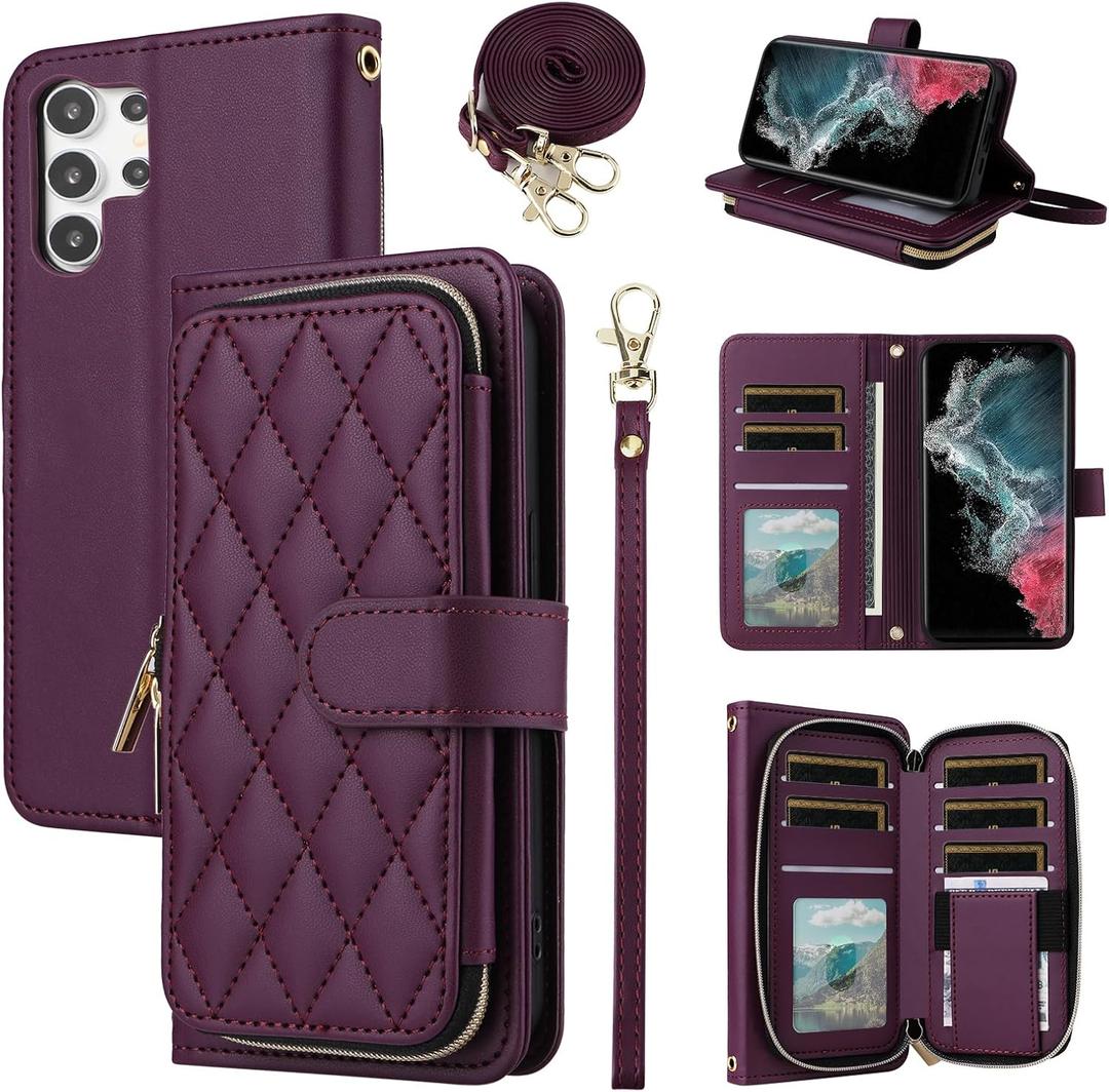 Argyle Wallet Case for Samsung Galaxy S25 Ultra 5G with Wrist Strap Shoulder Strap, Card Slots Zipper Purse Stand Checkered Phone Cover for S25Ultra 25S S 25 25Ultra Women Girls Deep Purple