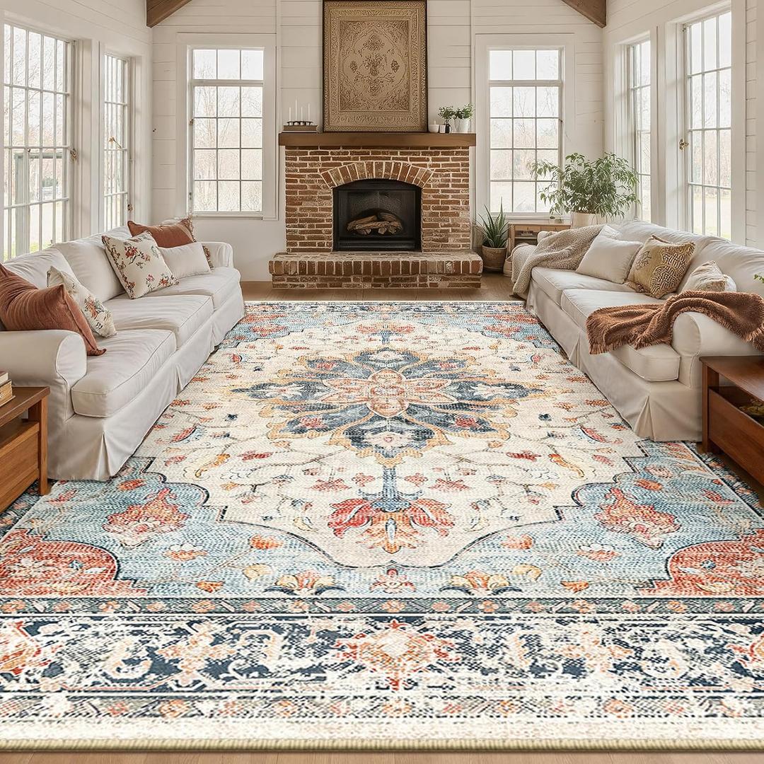 Area Rugs 10'x13' Washable Non-Slip, Floral Vintage Distress Print Pattern Medallion Carpet for Living Room Bedroom Dining Room, Beige Navy Blue Orange Colorful