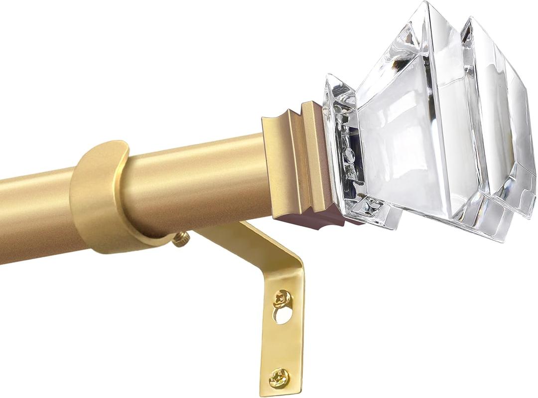 Exquisite Gold 46-148Inch Adjustable 1in Steel Curtain Rod with Acrylic Finials. Crystals Square Transparent Diamond, Easy to Install, Suitable for Bedroom and Living Room, Kitchen and Hotel