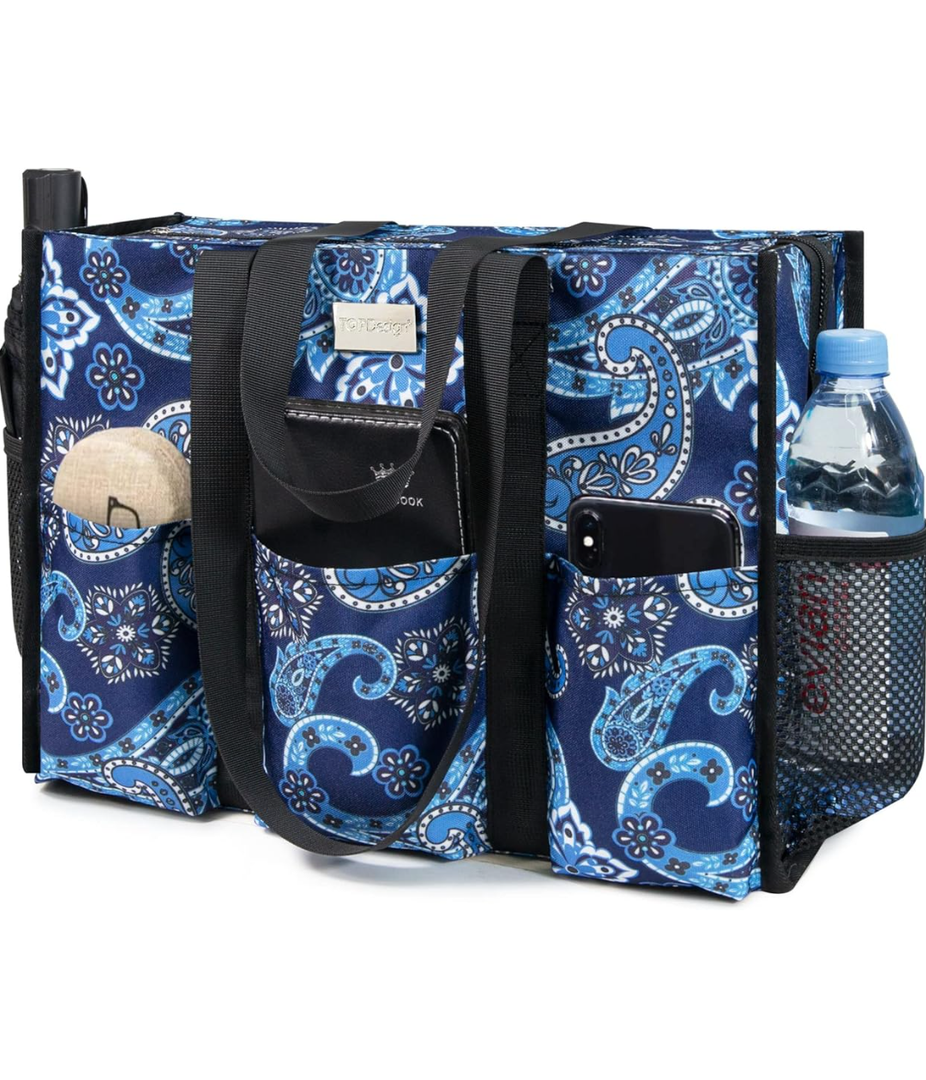 TOPDesign Utility Water Resistant Tote Bag with 13 Pockets, Top Zipper Closure & Thick Bottom Support, for Working Women