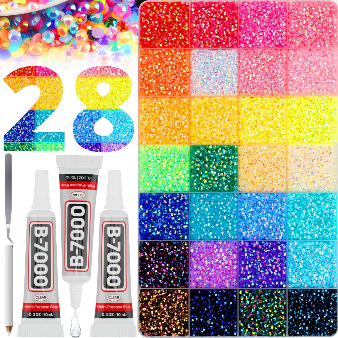 36000Pcs White AB Rhinestones for Bedazzling Crafting, Iridescent Gems Diamond Crystal Bedazzle Kit, Resin Flatback Rhine Stone Jewel Flat Back 2-6MM and b 7000 Glue for Crafts Clothing Clothes Shoes