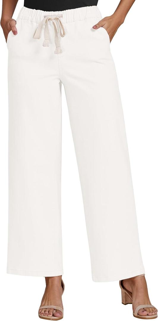 luvamia Wide Leg Jeans Woman High Waisted Trendy Pull On Elastic Waist Drawstring Stretchy Denim Jean Pants with Pockets (Small, Cream White)