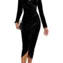 CYiNu Women's V Neck Wrap Velvet Long Sleeve Elegant Bodycon Ruched Cocktail Party Maxi Dress, M