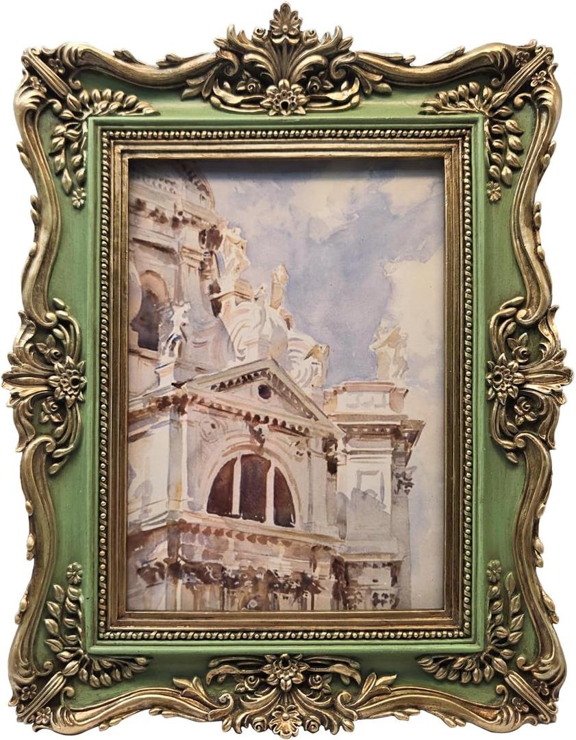 5x7 Vintage Picture Frame, Antique Green and Gold Ornate Photo Frame for Wall Hanging or Tabletop Display, Retro Home Decor, Photo Gallery Art
