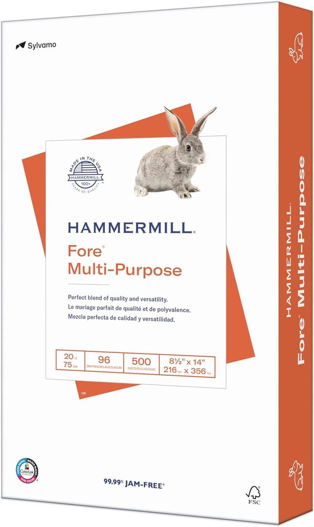 Hammermill Printer Paper, Fore Multipurpose 20 lb Copy Paper, 8.5 x 14 - 1 Ream (500 Sheets) - 96 Bright, Made in the USA, 103291
