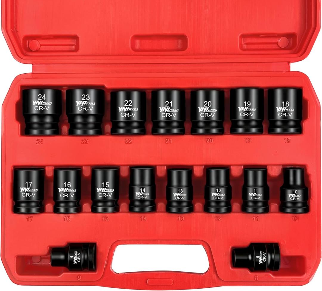 YIYITOOLS 17Pcs 1/2" Drive Shallow Impact Socket Set (8-24mm), Metric Socket Set, 6-Point, CR-V Steel for Automotive Maintenance, Repairs, and DIY Projects