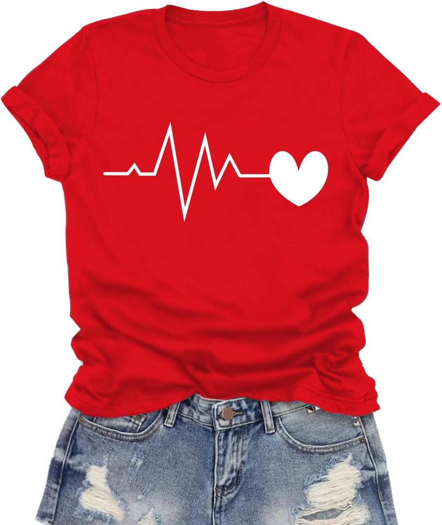 Valentines Shirts for Women Valentines Day T-Shirt Heartbeat Pattern Tee Tops (Red, XL)