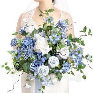 Ling's moment Dusty Blue Wedding Bouquets for Bride, Blue and White Bridal Bouquets for Bride,15 Inch Free Form Artificial Wedding Flower Bouquet
