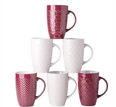 AmorArc Extra Large Coffee Mugs Set of 6, 20oz Ceramic Tall Coffee Mugs Set with Textured Geometric Patterns for Coffee/Tea/Beer/Hot Cocoa, Dishwasher & Microwave Safe, 3- Beige, 3- Dark Red