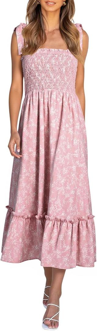 Imily Bela Womens Summer Floral Maxi Dress Boho Tie Strap Sleeveless Smocked A Line Beach Sundress Long Dresses, Medium