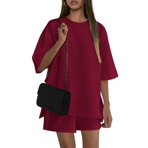 PRETTYGARDEN Women's 2 Piece Lounge Sets 2025 Summer Short Sleeve Tunic Tops Drawstring Shorts Matching Outfits Tracksuits (Wine Red,Small)