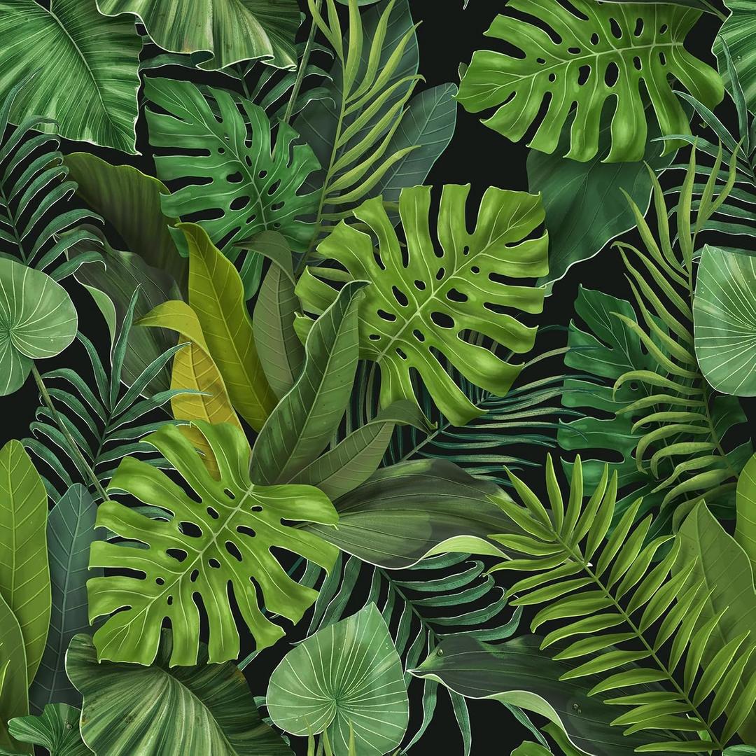 CHIHUT Black Tropical Leaf Wallpaper Peel and Stick Green Palm Leaf Wallpaper for Bedroom Self Adhesive Removable Jungle Contact Paper Waterproof Decorative Botanical Wall Paper Mural 17.7x100