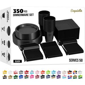 350 Pcs Black Plastic Plates For Party, Black Disposable Plates Set, 50 Of Each 9" Dinner Plate Set, 7" Dessert Plate, Cups, Napkins & Cutlery Plastic Dinnerware Set Exquisite