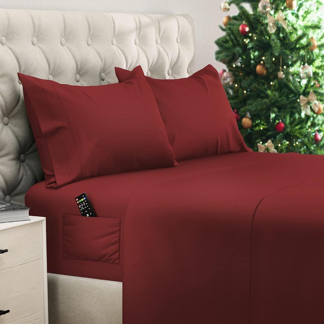 DREAMCARE King Size Sheets Set  4 pcs Cooling Sheets  up to 21 Deep Pocket King Sheet Set  Hotel Luxury Sheets & Pillowcases  Superior Softness 100% Fine Microfiber with Side Pocket  Burgundy