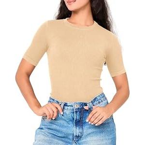 BAMBOO COOL Women's Seamless Tight T-Shirts Slim Fit Basic Ribbed Tees Short Sleeve Crew Neck Top XL 