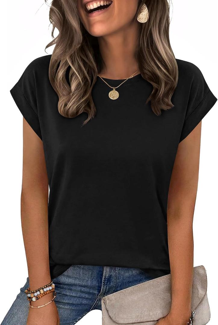 Zeagoo Womens Tops Summer Casual Cap Sleeve Tshirts Shirts Business Dressy Spring Fashion Outfits Trendy Clothes (Black, L)
